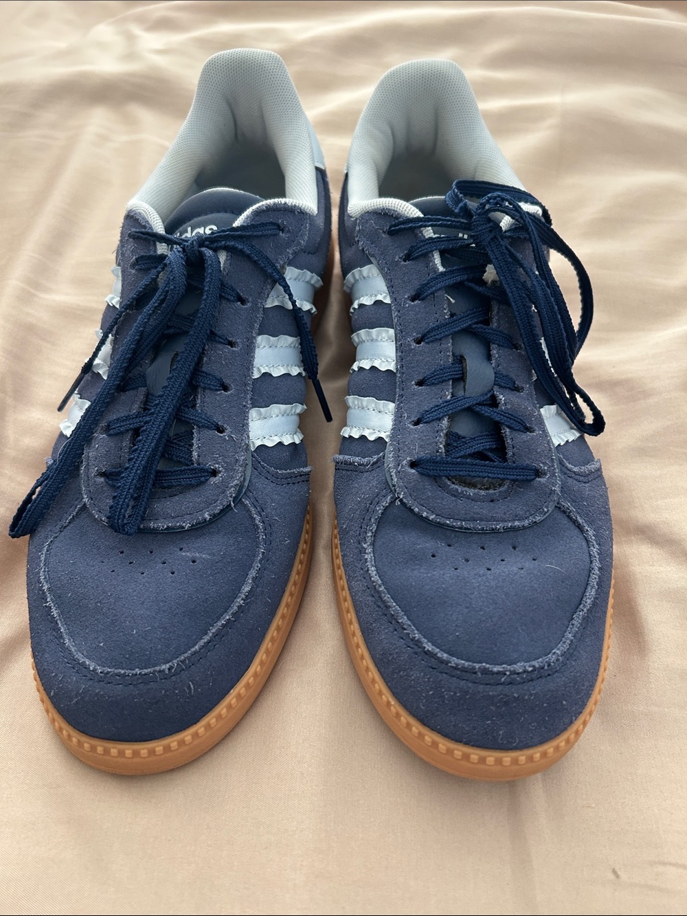 Women’s Navy Suede Low-Top Sneakers with Light Blue Stripes and Gum Sole - Picture 1 of 4